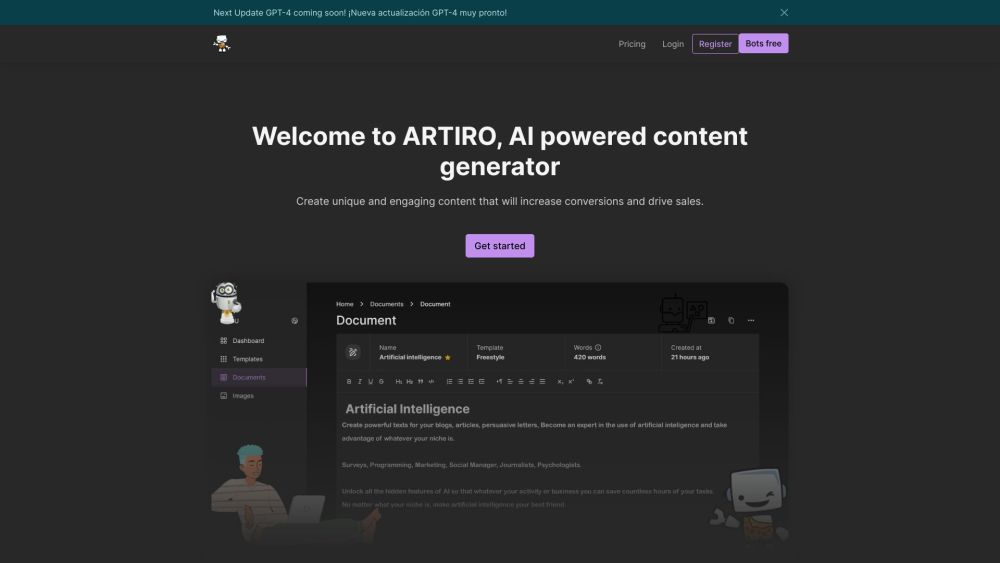 Artiro website screenshot
