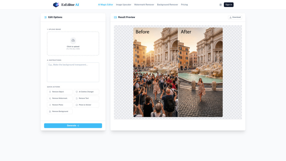 Ezeditor Ai Free Photo Edit website screenshot