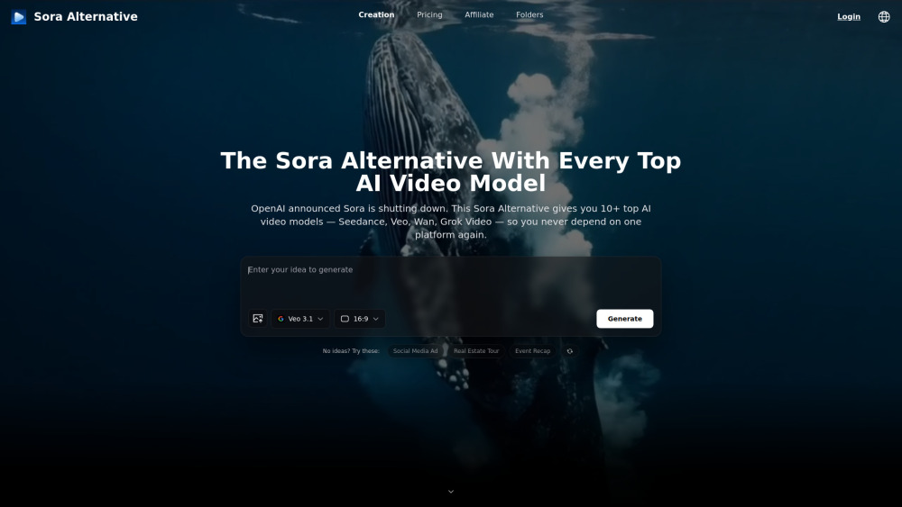 Sora Alternative website screenshot