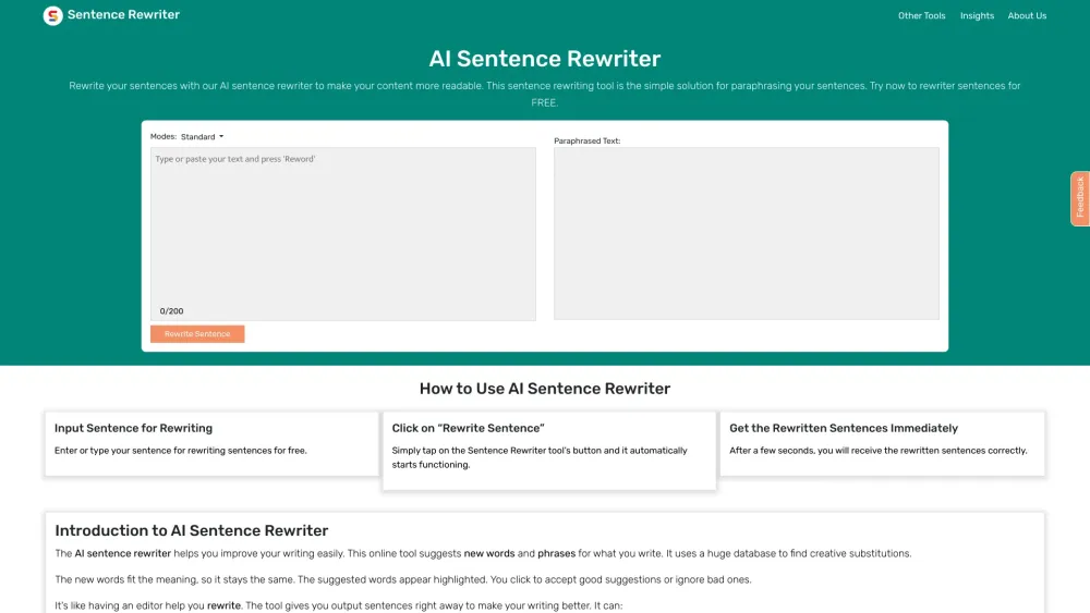 Sentence Rewriter website screenshot