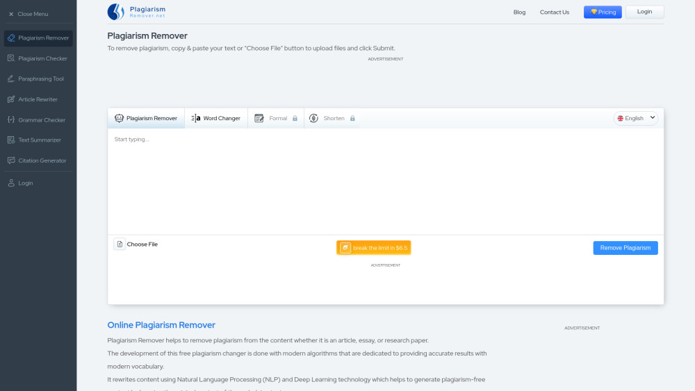 Plagiarism Remover website screenshot
