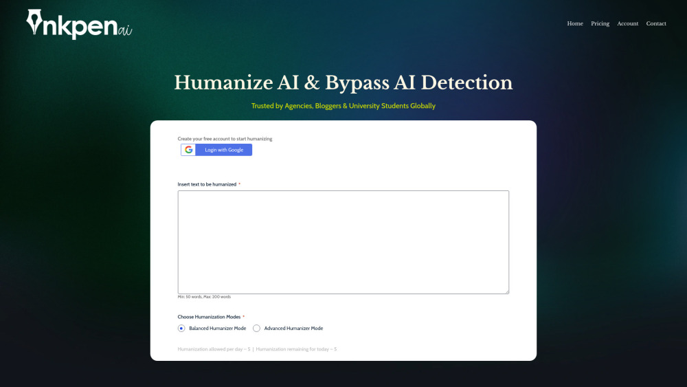 Inkpen Ai Text Humanizer website screenshot