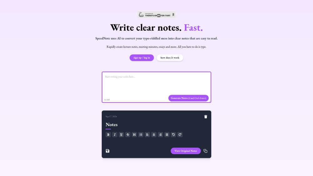 SpeedNote AI website screenshot