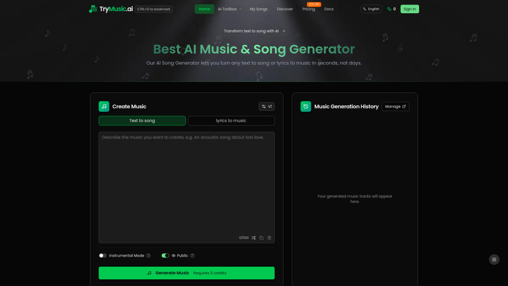 Trymusic Ai website screenshot