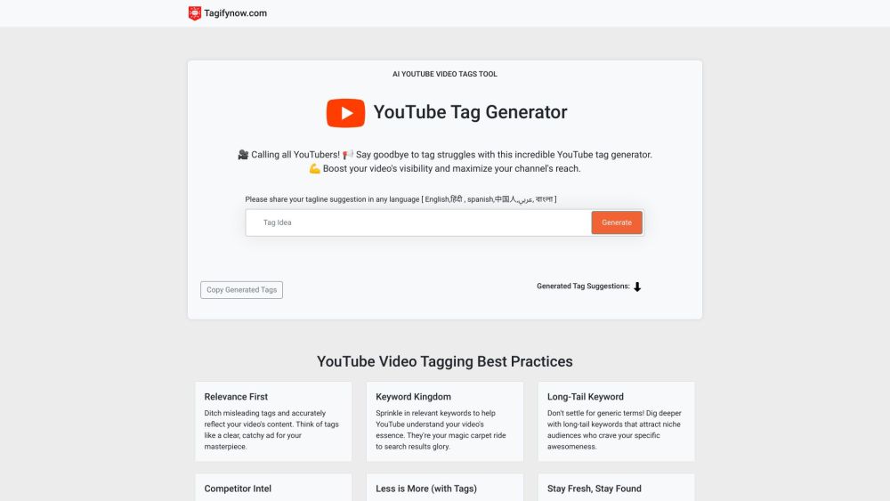 Ai Youtube Tag Generator website screenshot