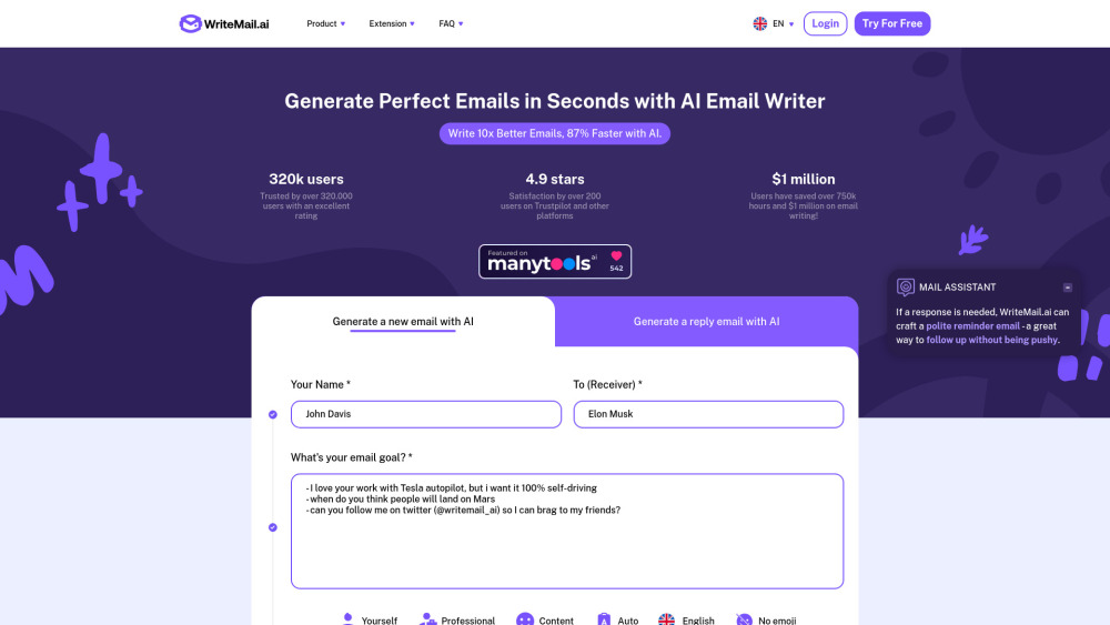 Writemail Ai website screenshot