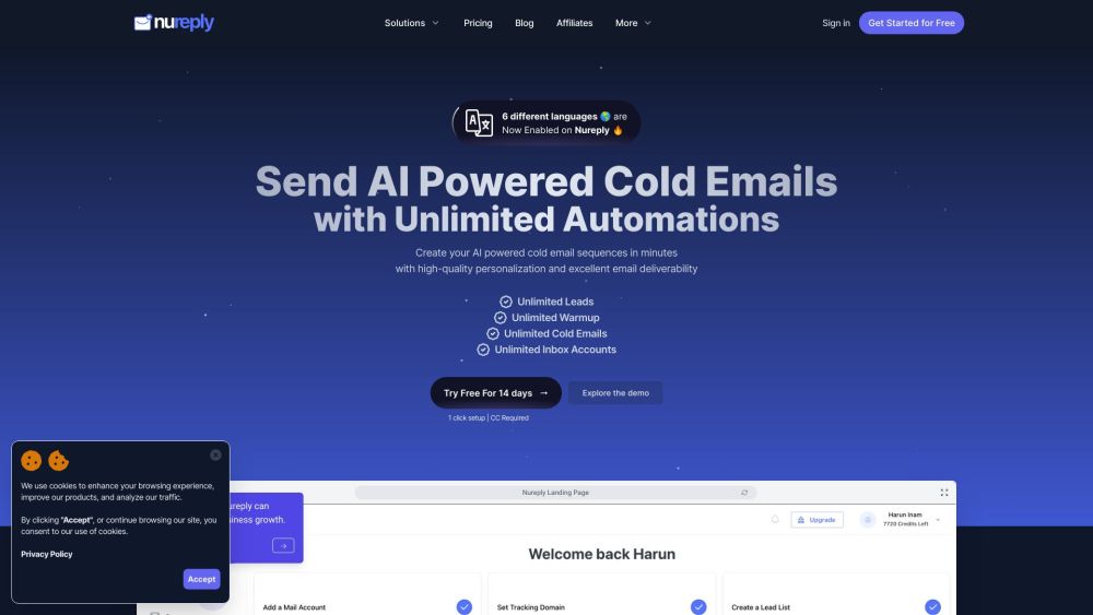 Nureply Ai Powered Cold Outreach website screenshot