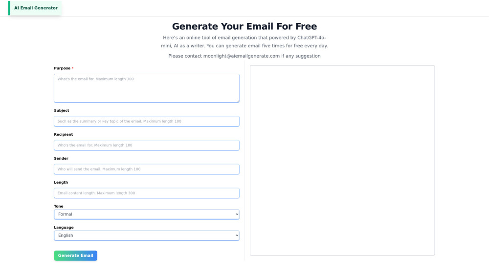 Ai Email Generator website screenshot