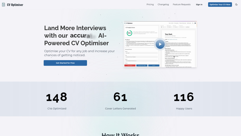 Cv Optimiser website screenshot