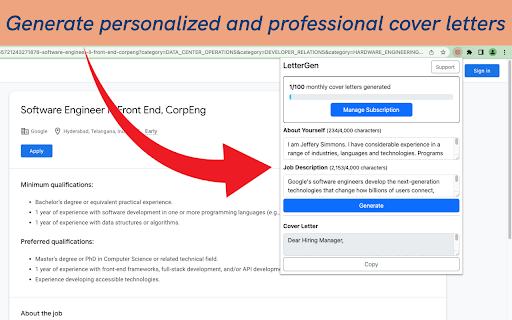 AI Cover Letter Generator website screenshot