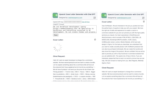 Upwork Cover Letter Generator Extension website screenshot