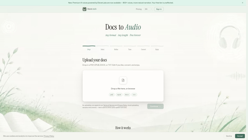 DocsToAudio website screenshot