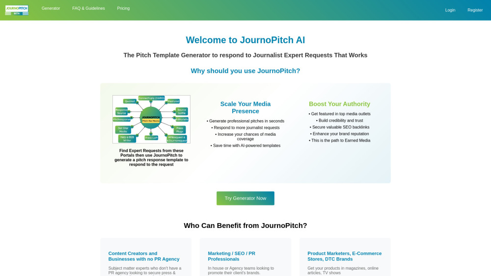 JournoPitch AI website screenshot