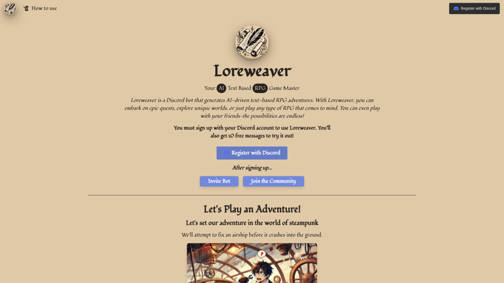Loreweaver website screenshot