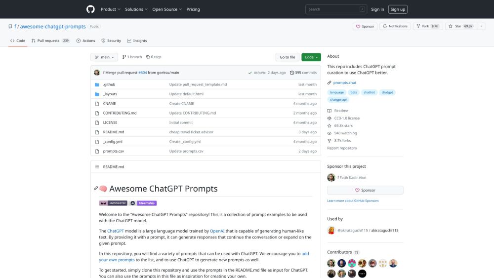 Awesome ChatGPT Prompts website screenshot