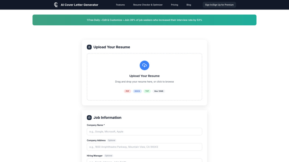 The AI Cover Letter Generator website screenshot