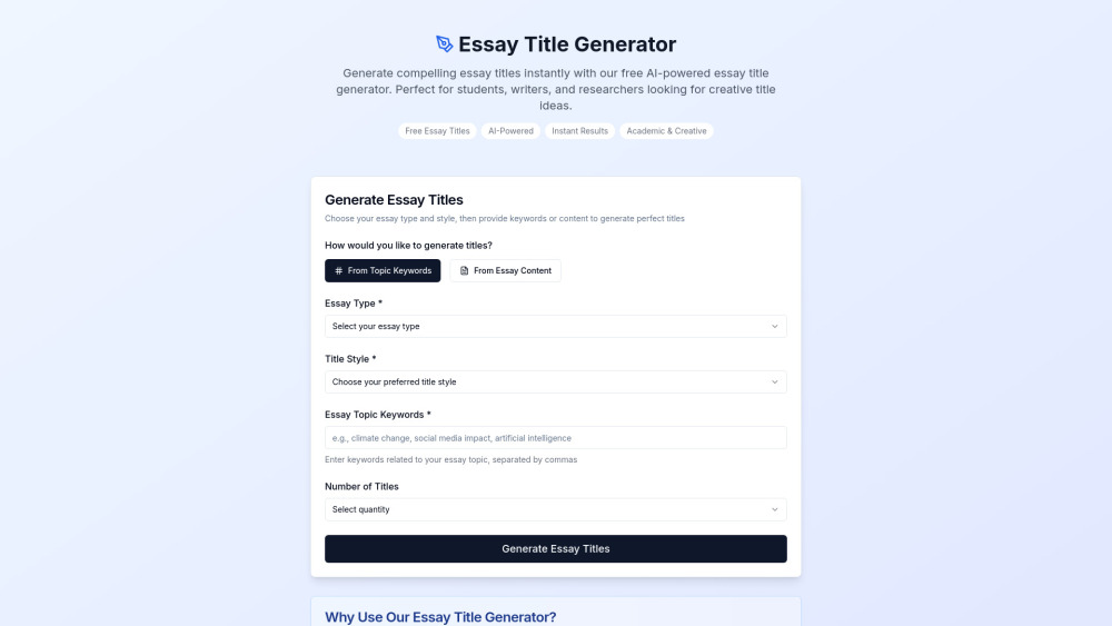 Essay Title Generator website screenshot
