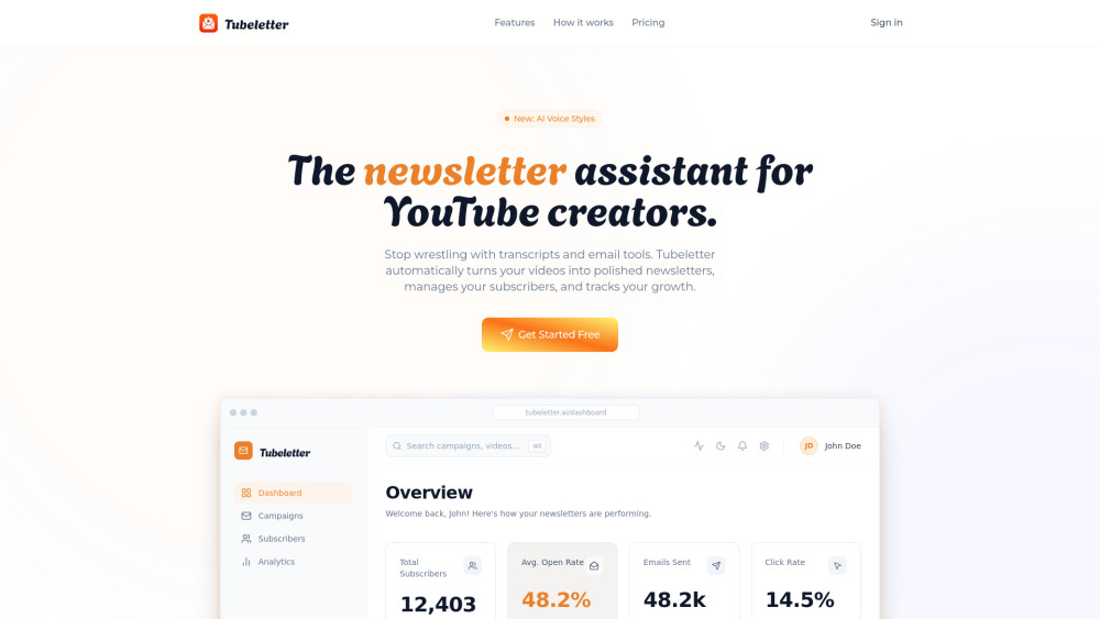 Tubeletter website screenshot