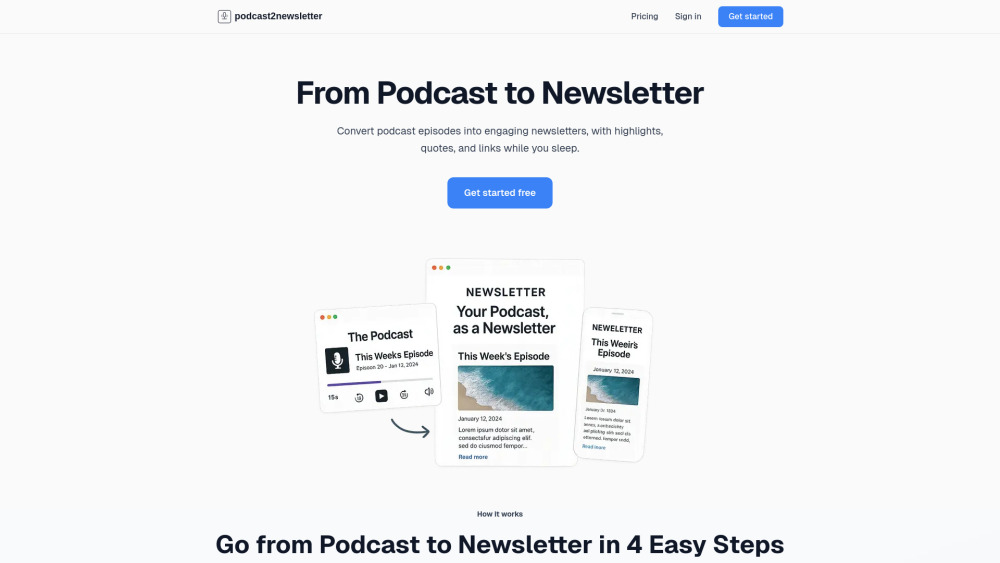 Podcast To Newsletter Generator website screenshot