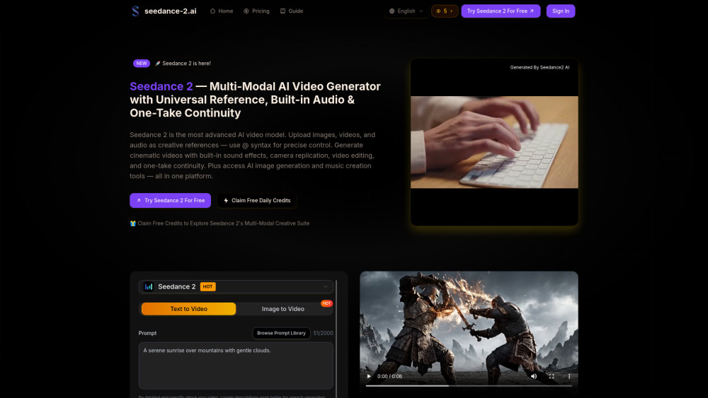 Seedance 2 AI website screenshot