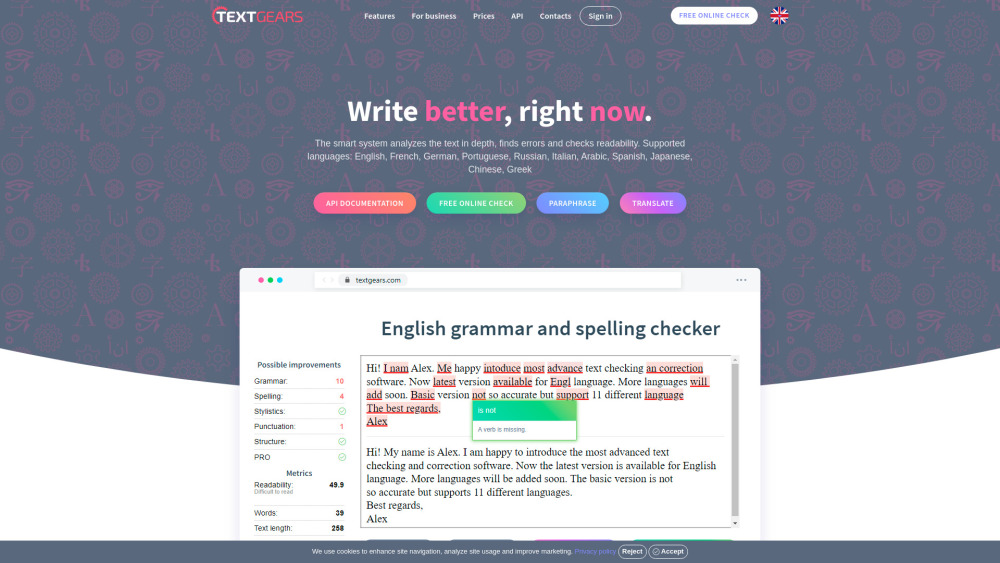 Textgears website screenshot