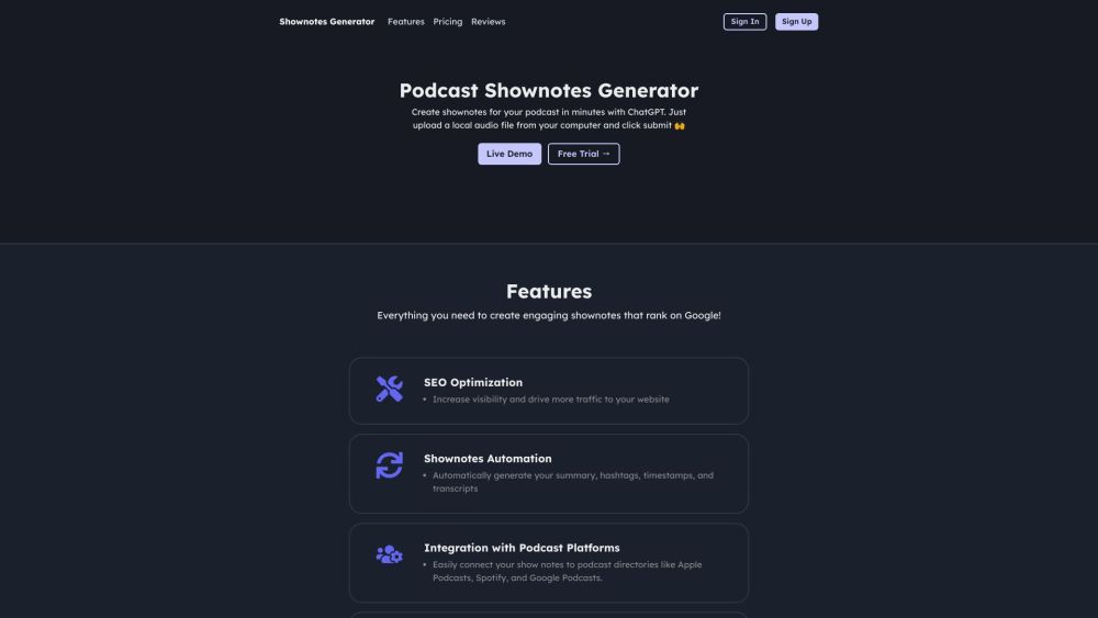 Podcast Shownotes Generator website screenshot