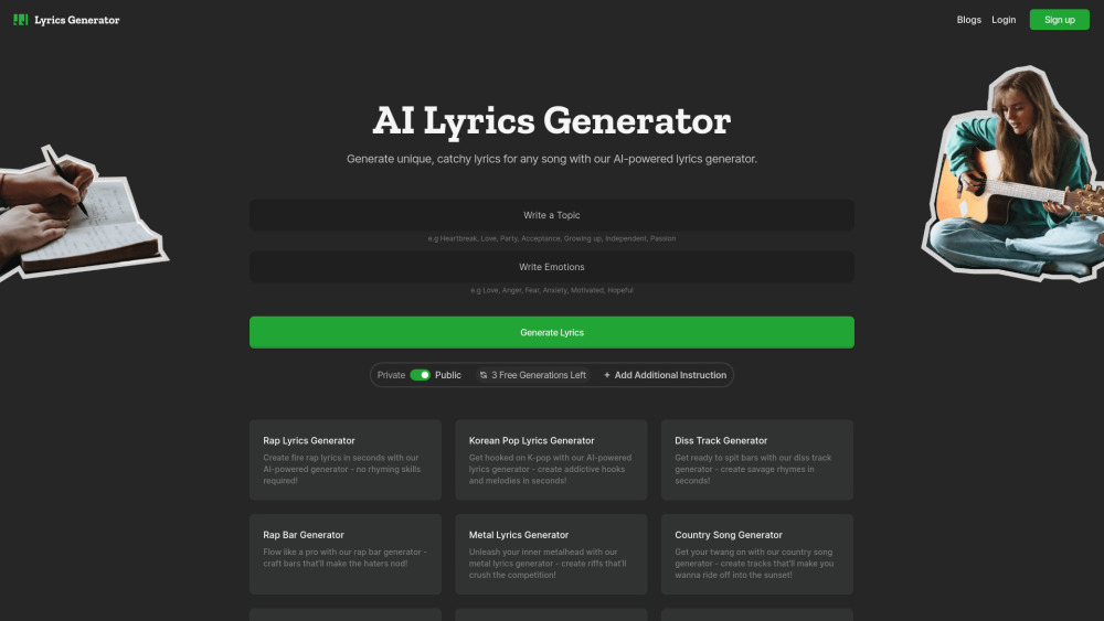 Ai Lyrics Generator website screenshot