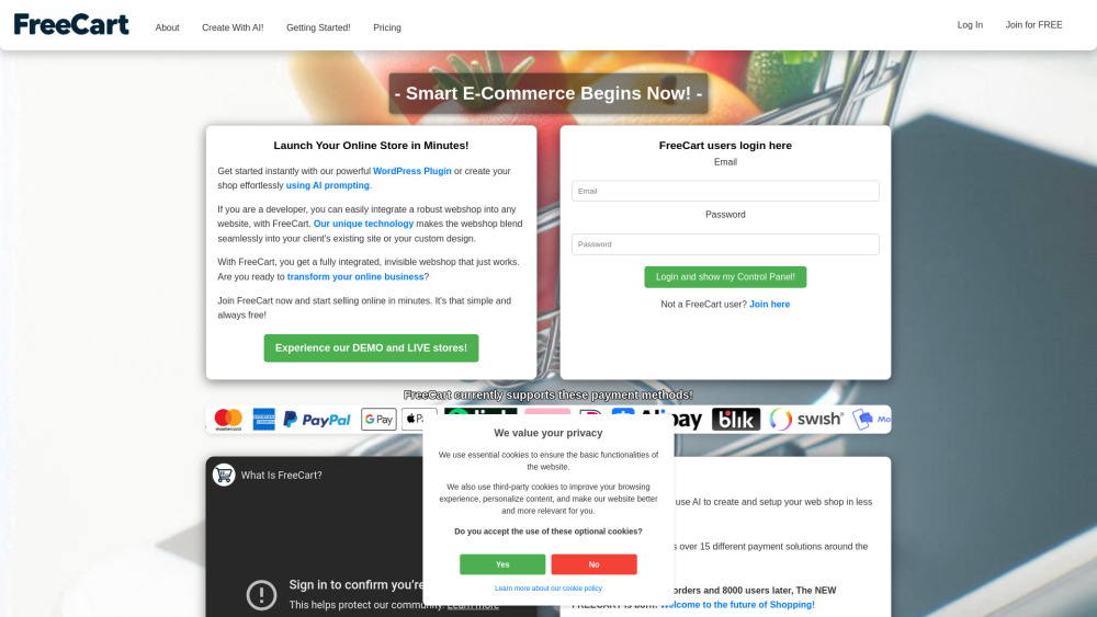 FreeCart website screenshot