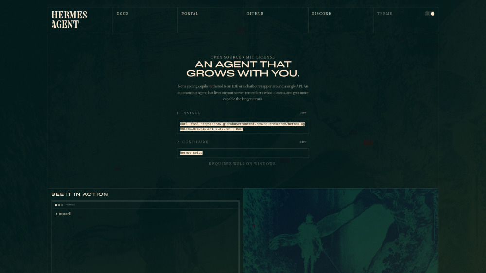 Hermes Agent website screenshot