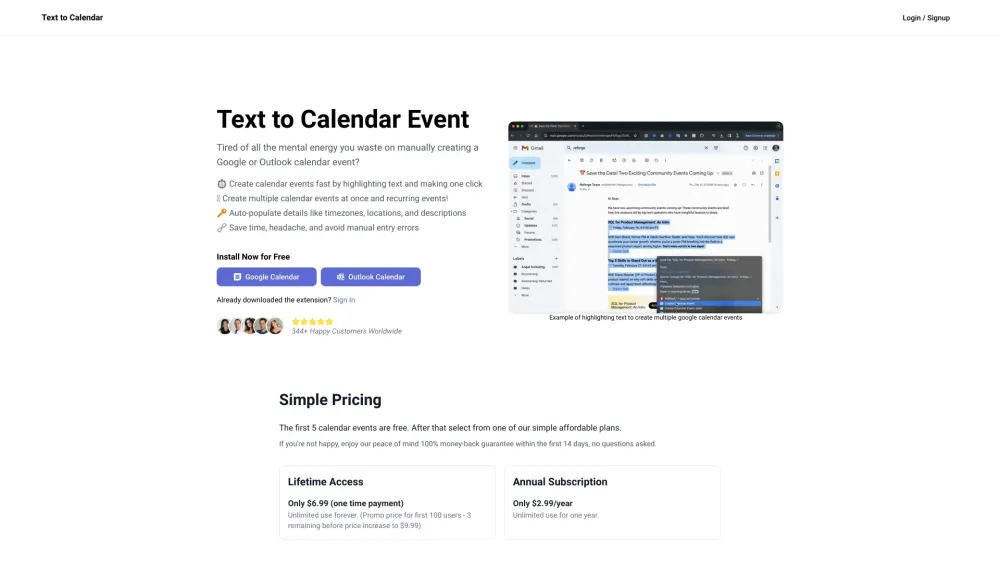 Text To Calendar website screenshot