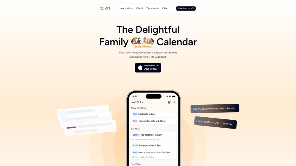 Kin Family Calendar website screenshot