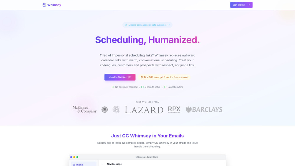 Whimsey Ai Scheduling Assistant website screenshot